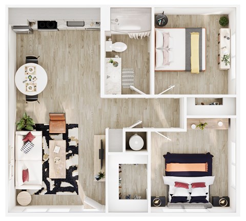 A top-down view of a bedroom with a bed, nightstand, and a dining area.